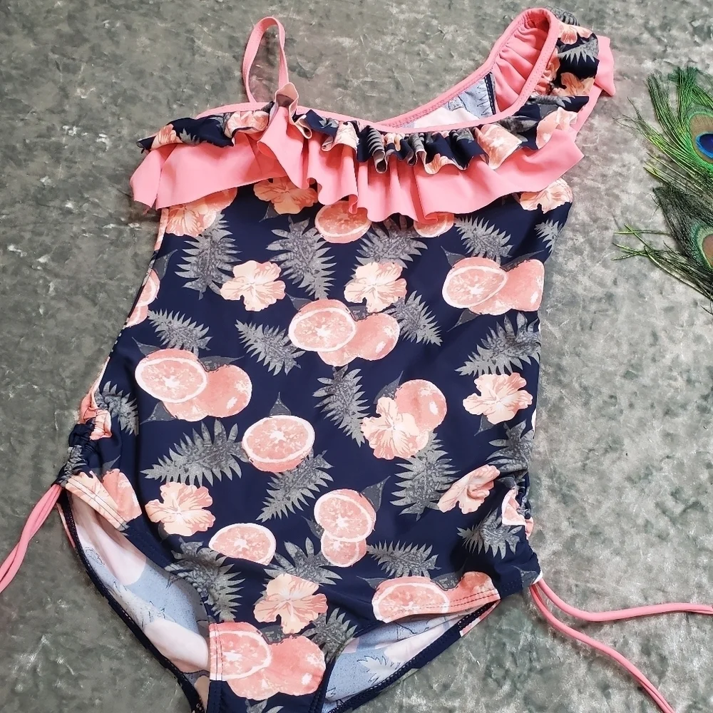 Kalawalk Girls Lemon Double Ruffle‎ One Shoulder Swimsuit